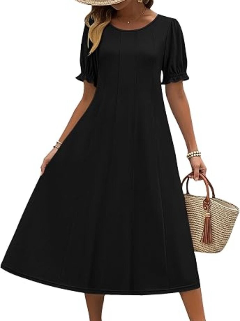 ZEAGOO Women's Summer Midi Dress Puff Sleeve Pleated Flowy A-Line